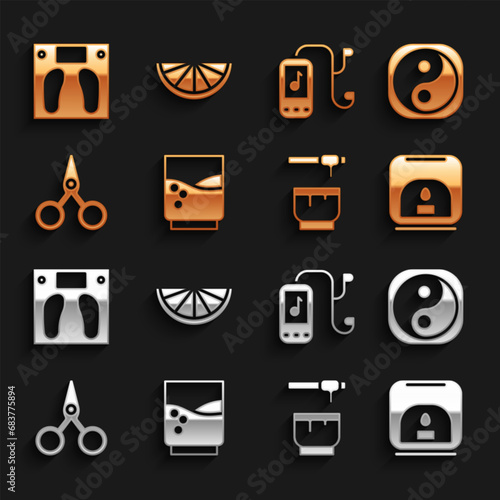 Set Glass with water, Yin Yang, Aroma lamp, Honey dipper stick and bowl, Scissors, Music player, Bathroom scales and Citrus fruit icon. Vector