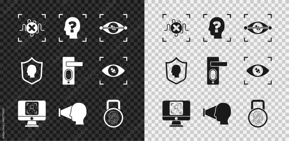 Set Rejection voice recognition, Face, Eye scan, Fingerprint with lock, User protection and door icon. Vector Set Rejection voice recognition, Face, Eye scan, Fingerprint with lock, User protection and door icon. Vector