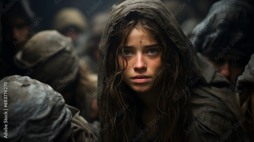 Shelter in conflict. Scared woman in crowd hiding in bunker Shelter in conflict. Scared woman in crowd hiding in bunker