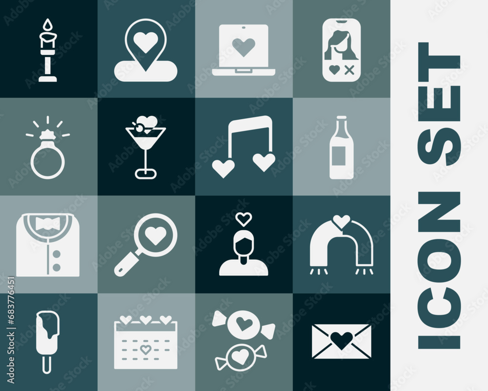 Set Envelope with Valentine heart, Love magnet, Wine bottle, Dating app online, Martini glass, Diamond engagement ring, Burning candle and Music note, tone hearts icon. Vector Set Envelope with Valentine heart, Love magnet, Wine bottle, Dating app online, Martini glass, Diamond engagement ring, Burning candle and Music note, tone hearts icon. Vector
