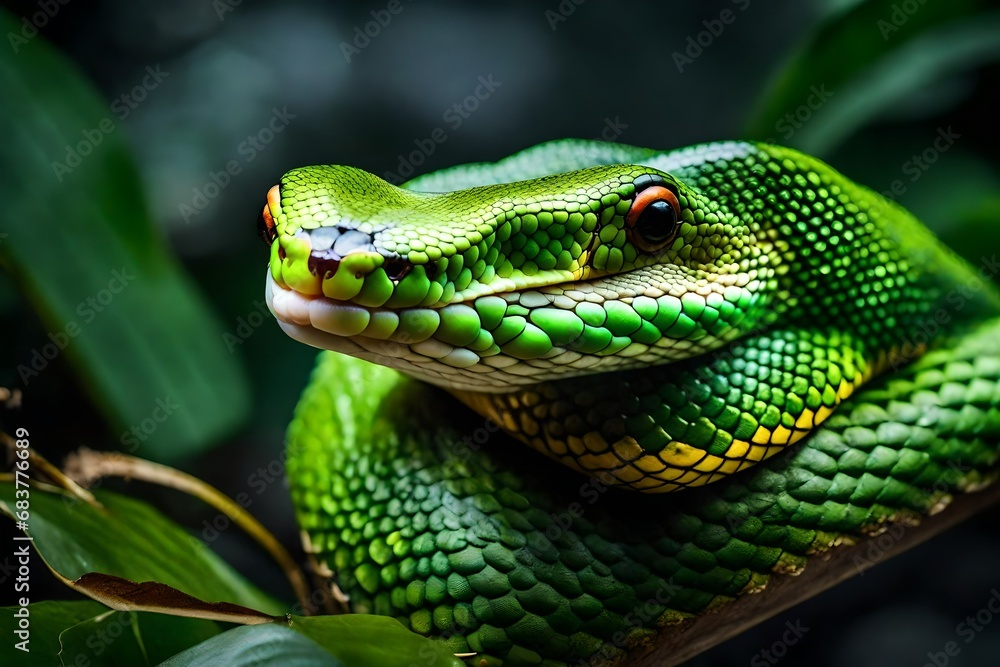 bamboo pit viper, hyperrealistic, 8k, DSLR, HDR, vibrant, fierce, angry, intricate details, background is blurr. 