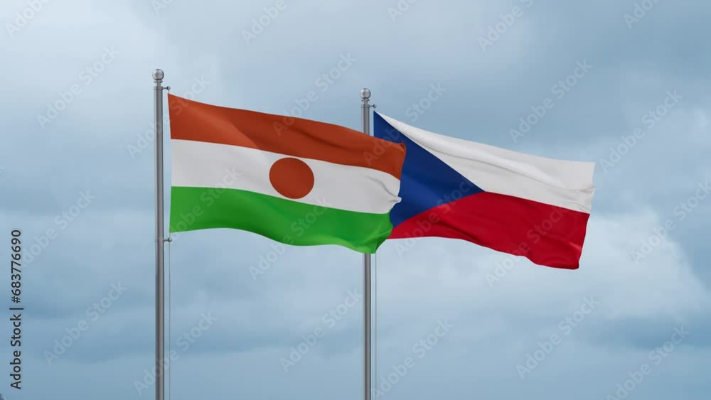 Czech Republic flag and Niger flag waving together on cloudy sky, endless seamless loop, two country relations concept Czech Republic flag and Niger flag waving together on cloudy sky, endless seamless loop, two country relations concept