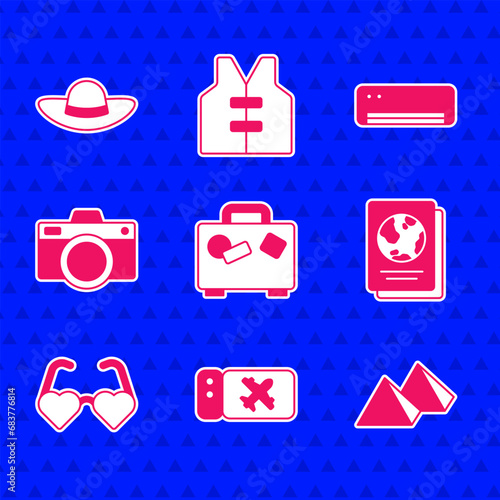 Set Suitcase, Airline ticket, Egypt pyramids, Passport, Heart shaped love glasses, Photo camera, conditioner and Elegant women hat icon. Vector