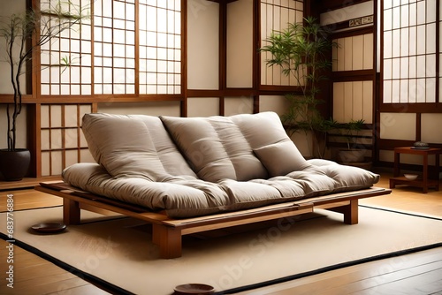 Showcase the simplicity and functionality of a Japanese Futon sofa in a traditional Japanese interior. 