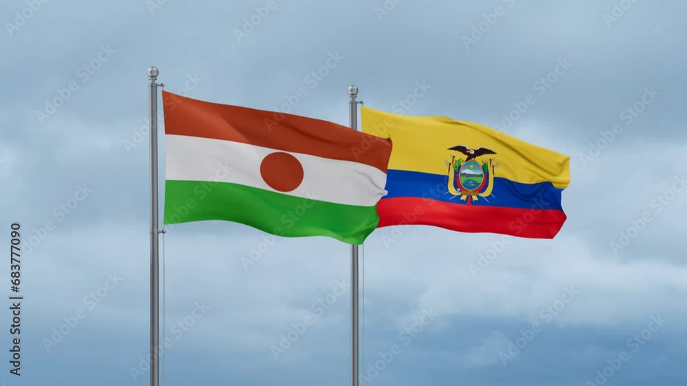 Ecuador flag and Niger flag waving together on cloudy sky, endless seamless loop, two country relations concept Ecuador flag and Niger flag waving together on cloudy sky, endless seamless loop, two country relations concept