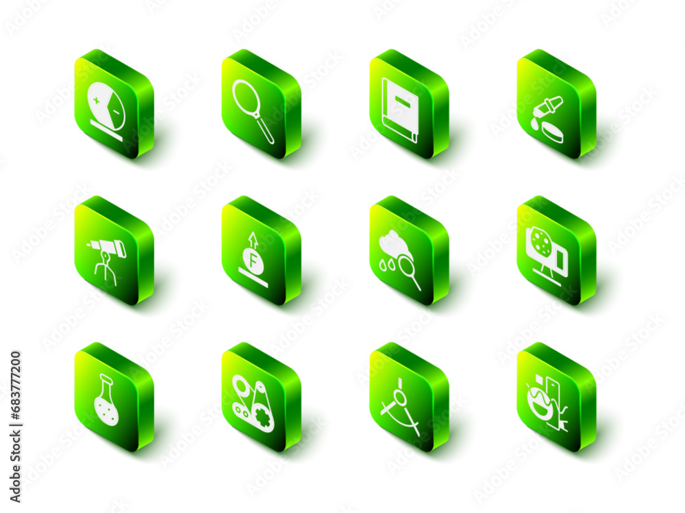 Set Magnifying glass, Science book, Pipette, Genetic engineering, Basic geometric shapes, Cloud with rain, Drawing compass and Timing belt kit icon. Vector Set Magnifying glass, Science book, Pipette, Genetic engineering, Basic geometric shapes, Cloud with rain, Drawing compass and Timing belt kit icon. Vector