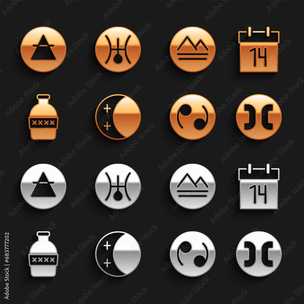 Set Eclipse of the sun, Calendar, Pisces zodiac, Cancer, Bottle water, Earth element, Air and Symbol Uranus icon. Vector Set Eclipse of the sun, Calendar, Pisces zodiac, Cancer, Bottle water, Earth element, Air and Symbol Uranus icon. Vector