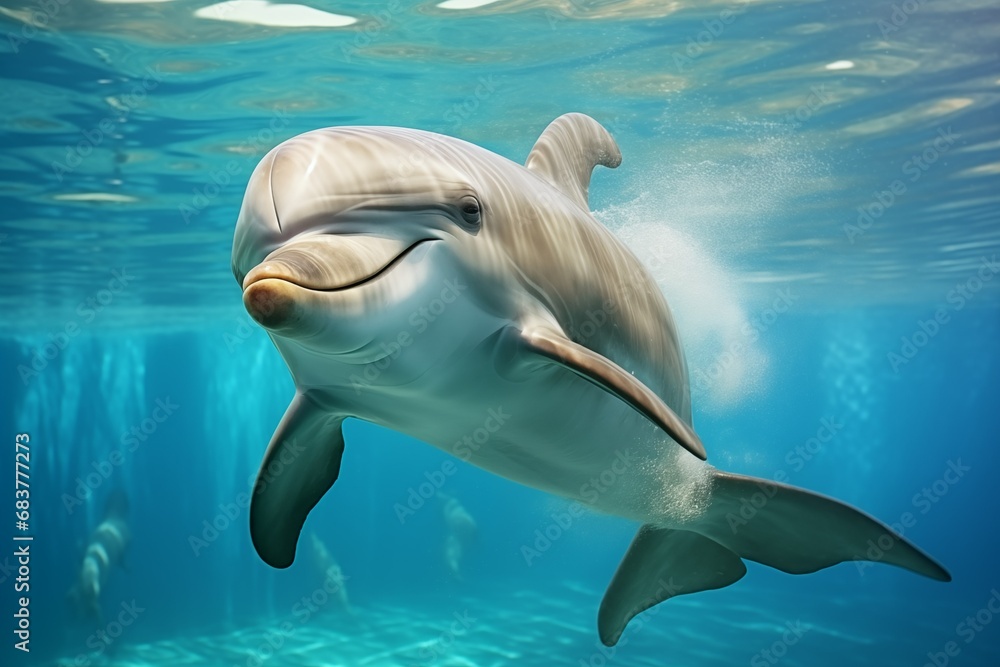 Fototapeta premium Intelligent Gaze: Close-Up of a Dolphin in the Blue Ocean
