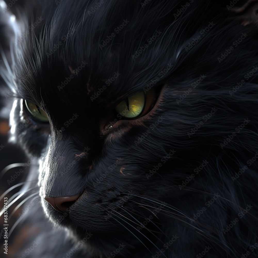 cat, Powerful, Analog Horror, Matte Painting, close-up, Houdini rendering, Cinematic, game asset, charcoal colors, Grindhouse, sun lighting, hyperrealistic intricate detail finely detailed