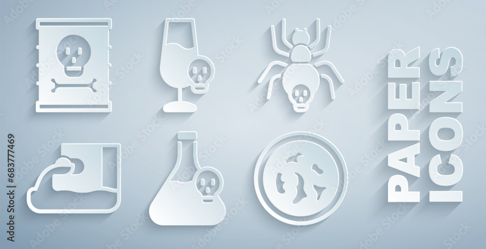 Set Beaker with toxic liquid, Poisonous spider, Wastewater, Petri dish bacteria, Poisoned alcohol and Radioactive waste in barrel icon. Vector Set Beaker with toxic liquid, Poisonous spider, Wastewater, Petri dish bacteria, Poisoned alcohol and Radioactive waste in barrel icon. Vector