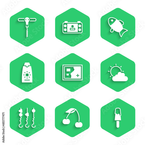 Set Folded map, Cherry, Ice cream, Sun and cloud weather, Grilled shish kebab on skewer, Sunscreen in tube, Fish and Wine corkscrew icon. Vector