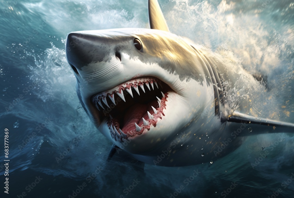 Naklejka premium the shark is swimming in the ocean hyperrealistic illustrations dark white and amber strong facial expressions