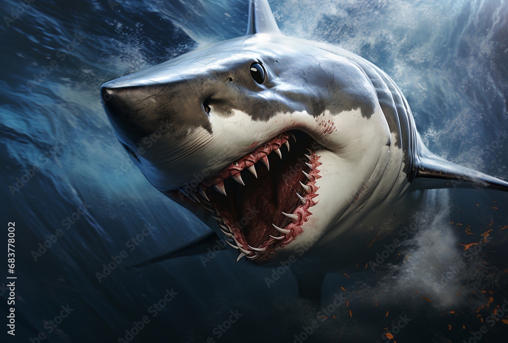 Naklejka premium the shark is swimming in the ocean hyperrealistic illustrations dark white and amber strong facial expressions