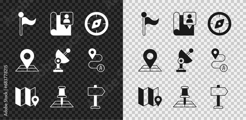 Set Flag, Folded map with location marker, Compass, Road traffic sign, and Radar icon. Vector
