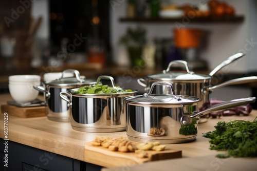 Stainless steel cookware set on the countertop.