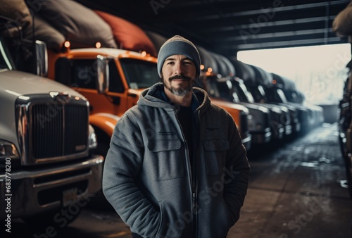 the man in a beanie standing in a garage with many semi trucks, indigenous culture, prairiecore, studio portrait photo