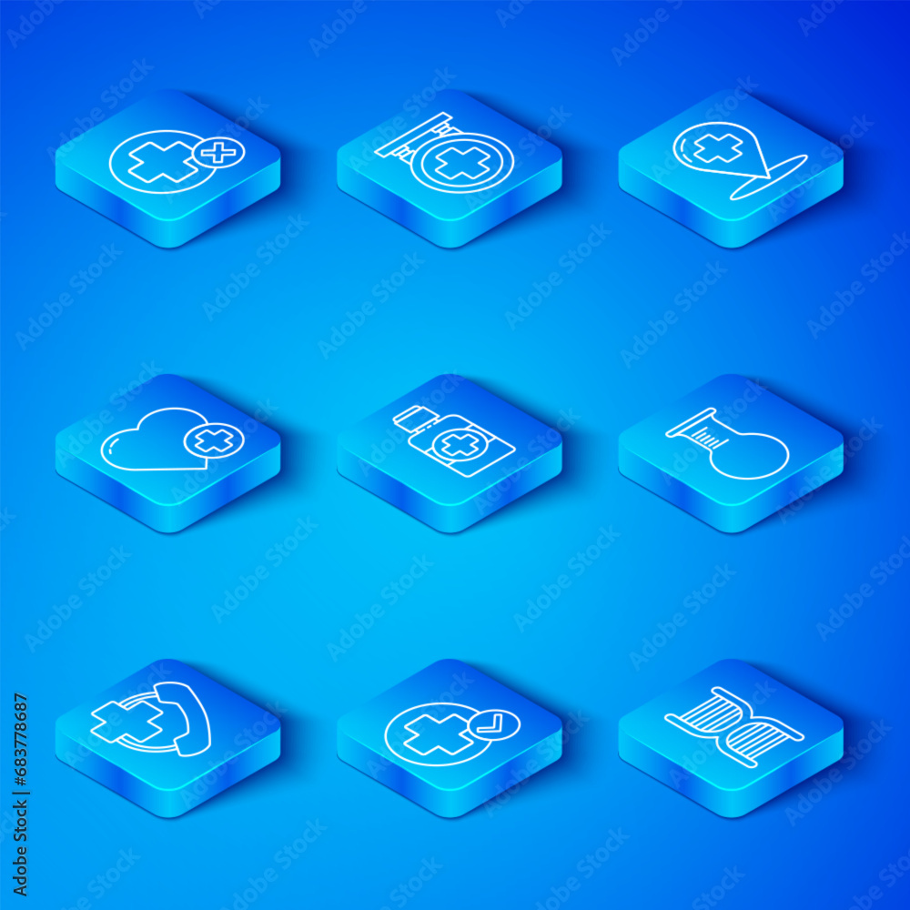 Set line Emergency phone call to hospital, Bottle of medicine syrup, Cross medical, Test tube and flask, Map pointer with cross, Heart, and DNA symbol icon. Vector