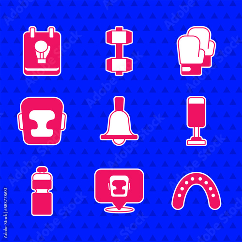 Set Boxing bell, helmet, Mouth guard boxer, Punching bag, Fitness shaker, glove and icon. Vector