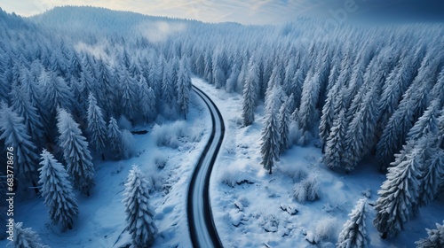 Route sinueuse vu par un drone aérienne dans la forêt canadienne en hiver