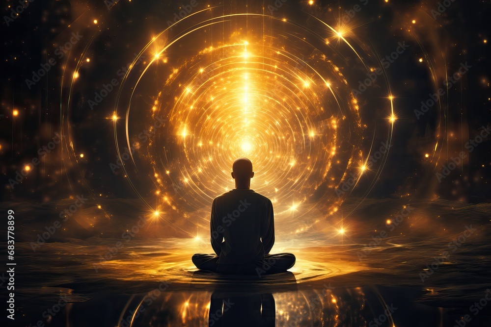Homme spirituel en train de méditer avec élément lumineux - obrazy, fototapety, plakaty 