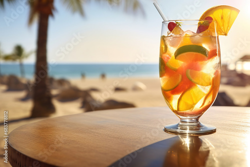 cocktail on the table of a beach cafe on a tropical island or ocean shore during sunset, relax