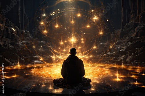 Homme spirituel en train de méditer avec élément lumineux