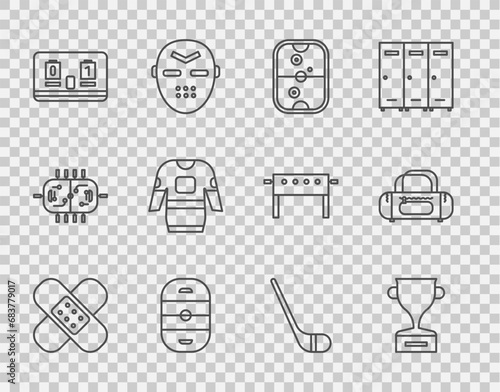 Set line Crossed bandage plaster, Award cup, Air hockey table, Ice rink, Hockey mechanical scoreboard, jersey, stick and Sport bag icon. Vector