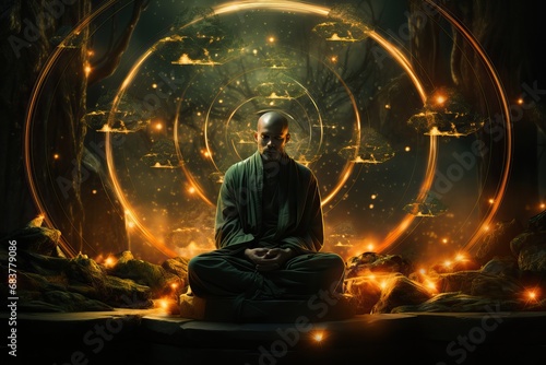 Homme spirituel en train de méditer avec élément lumineux photo