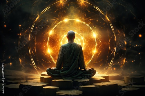 Homme spirituel en train de méditer avec élément lumineux photo