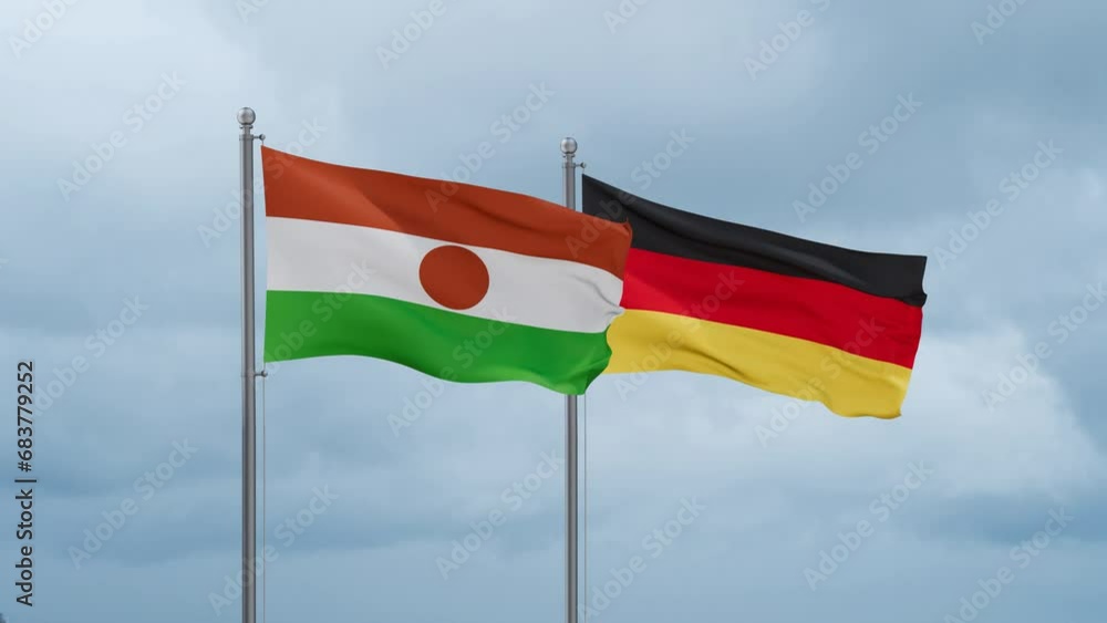 Germany flag and Niger flag waving together on cloudy sky, endless seamless loop, two country relations concept Germany flag and Niger flag waving together on cloudy sky, endless seamless loop, two country relations concept