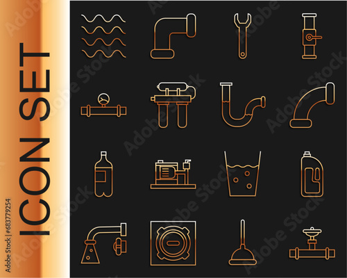 Set line Industry pipe and valve, Container with drain cleaner, metallic, Wrench spanner, Water filter, manometer, Wave and icon. Vector