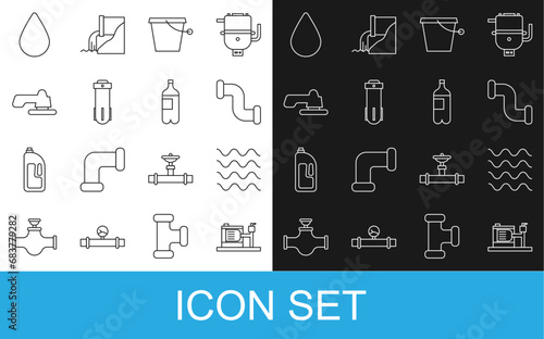 Set line Electric water pump, Wave, Industry metallic pipe, Bucket, Water filter, tap, drop and Bottle of icon. Vector