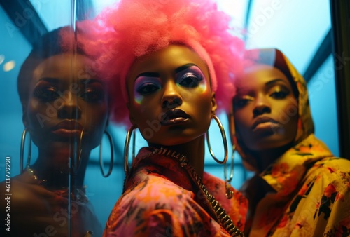 three african women with brightly colored looking out of window, dollcore, body extensions, dramatic portraits photo