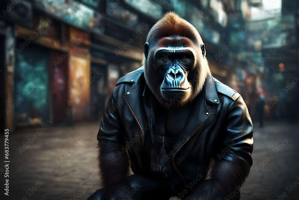 artistic view, an humanoid gorilla in leather jacket, background is blurr, 8k. artistic view, an humanoid gorilla in leather jacket, background is blurr, 8k.