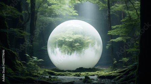 A large white ball floating in a forest 