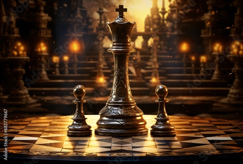 King and two black and gold pieces of in front of a chessboard with lighting, strong graphic elements, princesscore, imposing monumentality photo