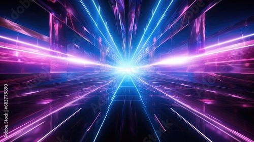 Techno light beams with a background of lights and music in a corridor, In the style of dark azure and pink.