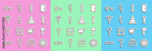 Set line Circular saw blade, Wooden axe, Wrench spanner, Trowel, Electric rotary hammer drill, Old key and Traffic cone icon. Vector