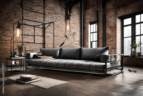 Illuminate a metal frame sofa in a modern loft, emphasizing its industrial chic aesthetic. 