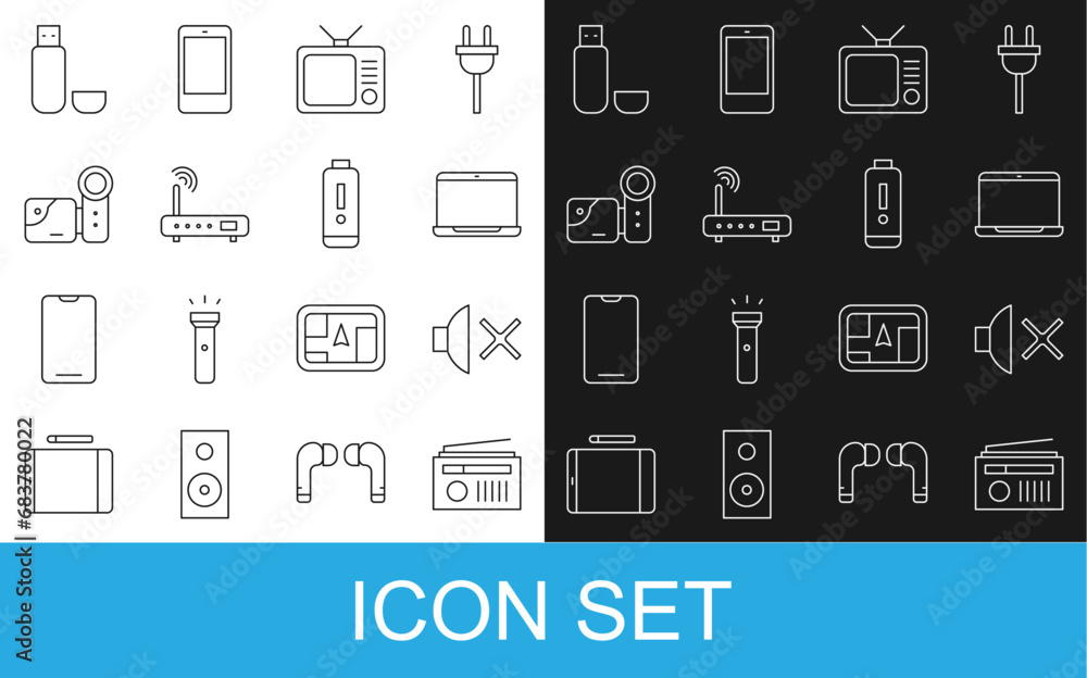 Set line Radio with antenna, Speaker mute, Laptop, Retro tv, Router and wi-fi signal, Cinema camera, USB flash drive and Battery charge level indicator icon. Vector