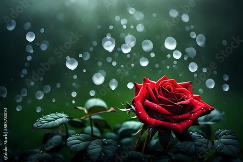 RED ROSE, PRESENT WITH FOG DROPS, BACKGROUND WITH GREEN GRASS. 