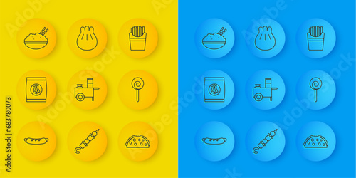 Set line Hotdog sandwich, Hard bread chucks crackers, Fast street food cart, Taco with tortilla, Lollipop, Rice in bowl chopstick, Potatoes french fries box and Khinkali on cutting board icon. Vector