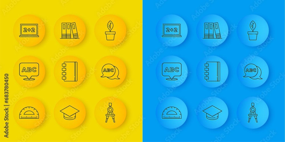 Set line Protractor, Alphabet, Spiral notebook, Drawing compass, Chalkboard, Plant pot and Office folders icon. Vector Set line Protractor, Alphabet, Spiral notebook, Drawing compass, Chalkboard, Plant pot and Office folders icon. Vector