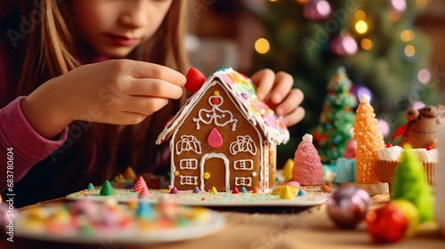 a girl blowing out candles on a gingerbread house