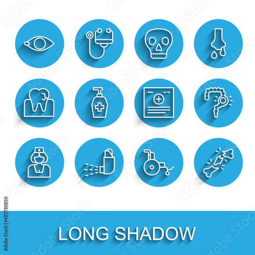 Set line Nurse, Inhaler, Blindness, Wheelchair, Human broken bone, Liquid antibacterial soap, Gut constipation and Clinical record icon. Vector