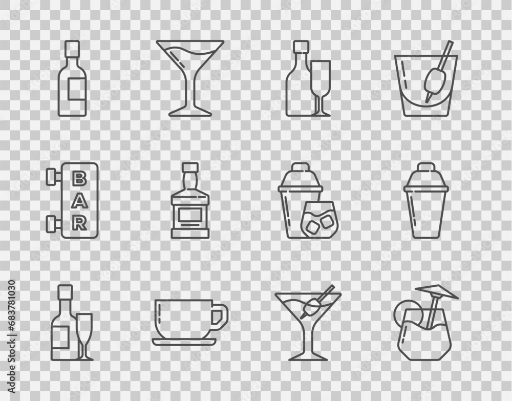 Set line Champagne bottle and glass, Cocktail, Wine with, Coffee cup, Whiskey, Martini and shaker icon. Vector Set line Champagne bottle and glass, Cocktail, Wine with, Coffee cup, Whiskey, Martini and shaker icon. Vector