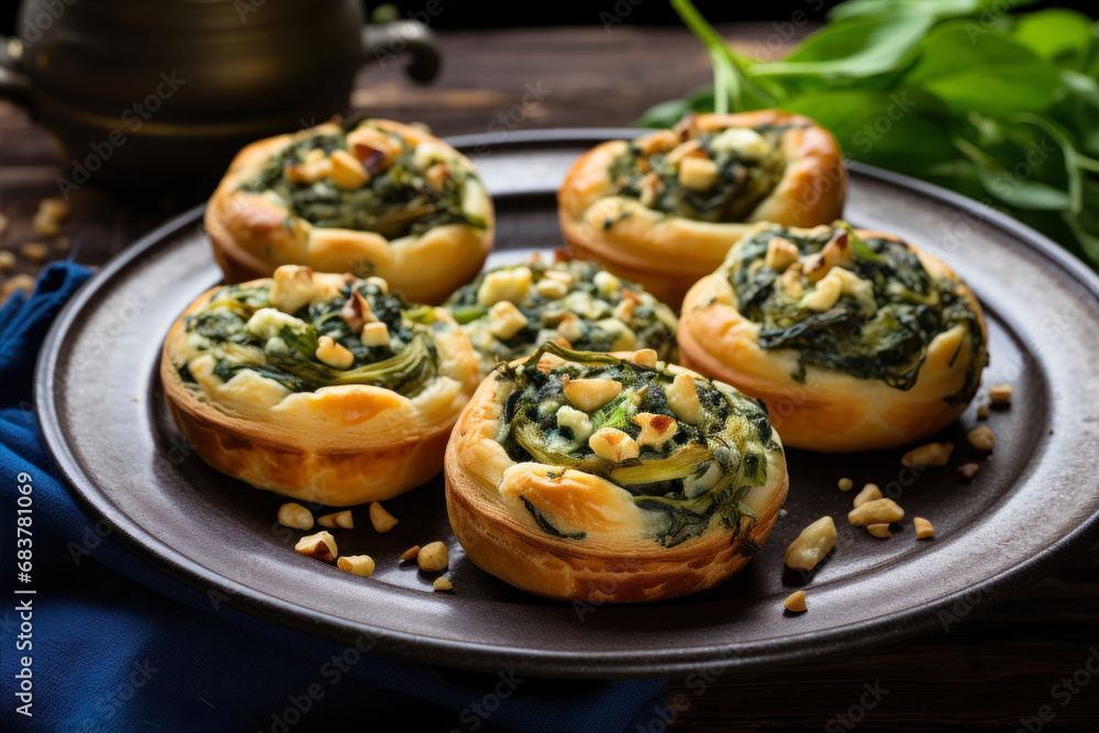 Spinach tartlets with ricotta cheese and pine nuts. Spinach tartlets with ricotta cheese and pine nuts.