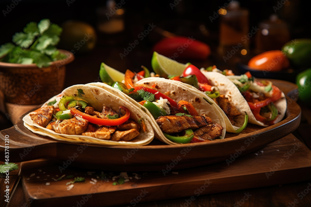 Beef steak fajitas with a mixture of tortilla, pepper, onion and lime on a wooden plate, Mexican traditional cuisine. Beef steak fajitas with a mixture of tortilla, pepper, onion and lime on a wooden plate, Mexican traditional cuisine.