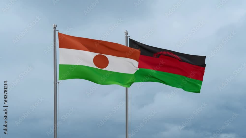 Malawi flag and Niger flag waving together on cloudy sky, endless seamless loop, two country relations concept Malawi flag and Niger flag waving together on cloudy sky, endless seamless loop, two country relations concept