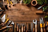 Pristine gardening tools neatly arranged on a wooden workbench. 
